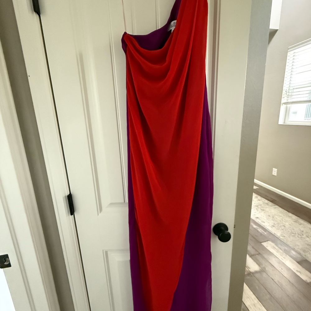 Badgley Mischka Red and Purple One Shoulder Gown